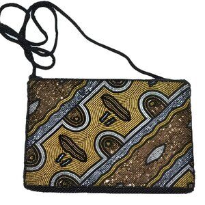 Vintage Andre Cellini Copper Blue-Gray Beaded Wearable Art Tribal Mini Purse Bag